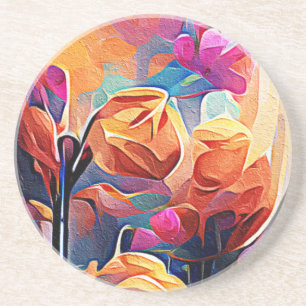 Dessous De Verre En Grès Floral Abstract Art Orange Red Blue Flowers