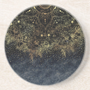 Dessous De Verre En Grès Floral Mandala or bleu