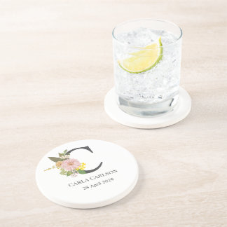 Dessous De Verre En Grès Floral Monogram Letter C Custom Name and Date 
