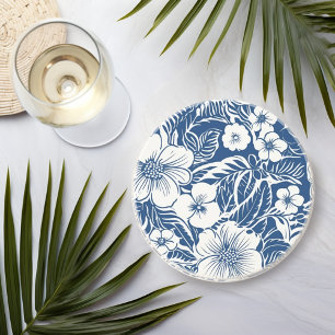 Dessous De Verre En Grès Flore tropicale en bleu et blanc
