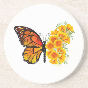 Dessous De Verre En Grès Flower Butterfly with Yellow California Poppy