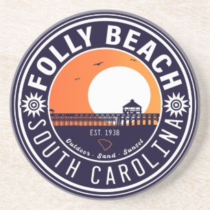 Dessous De Verre En Grès Folly Beach SC Souvenirs Retro Sunset Pier 60s