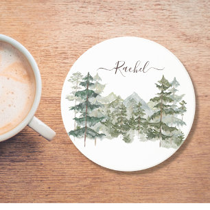 Dessous De Verre En Grès Forêt de pins et montagne rustique à l'aquarelle