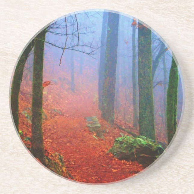 Dessous De Verre En Grès Forêt peinte Automne Brouillard bleu (Devant)