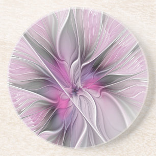 Dessous De Verre En Grès Fractal Floral Moderne Abstrait Fleur Rose Gris