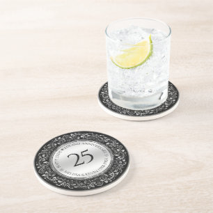 Dessous De Verre En Grès Frame en argent brillant floral 25e anniversaire M