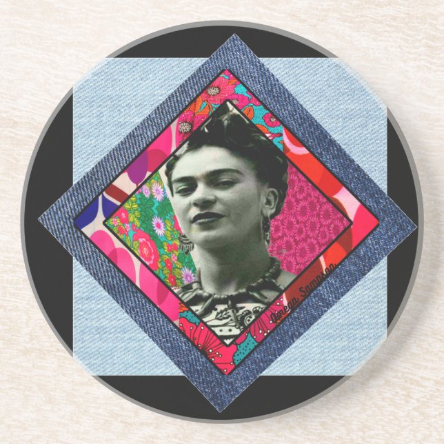 Dessous De Verre En Grès Frida Kahlo Retro Pink Denim (Devant)
