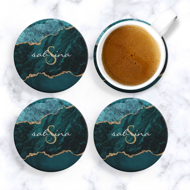 Dessous De Verre En Grès Géode d'agate bleu sarcelle or monogramme (Créateur téléchargé)