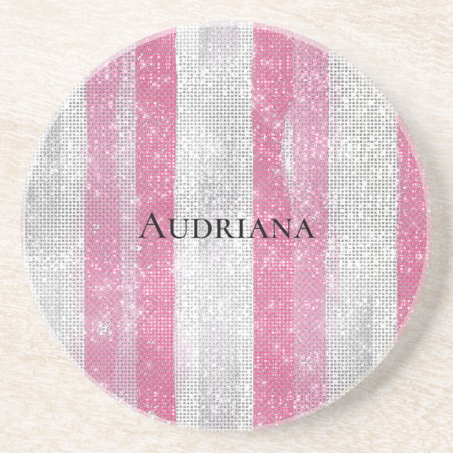 Dessous De Verre En Grès Girly Pink Silver Stripes Sparkle Christmas (Devant)
