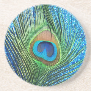 Dessous De Verre En Grès Glittery Blue Peacock Feather Still Life