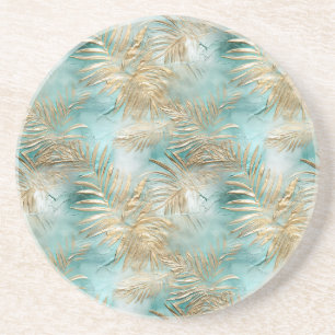 Dessous De Verre En Grès Gold Aqua White Feuilles tropicaux