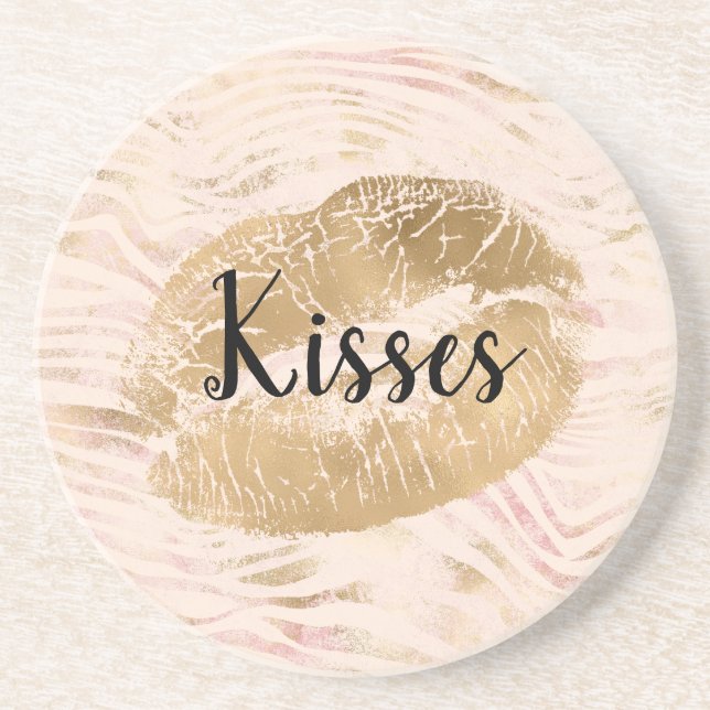 Dessous De Verre En Grès Gold Lips Kiss rose Zebra Print (Devant)
