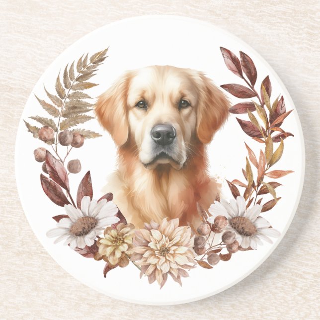Dessous De Verre En Grès Golden Retriever Automne Wreath (Devant)