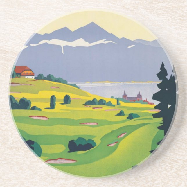 Dessous De Verre En Grès Golf vintage Lausanne City Lac Suisse (Devant)