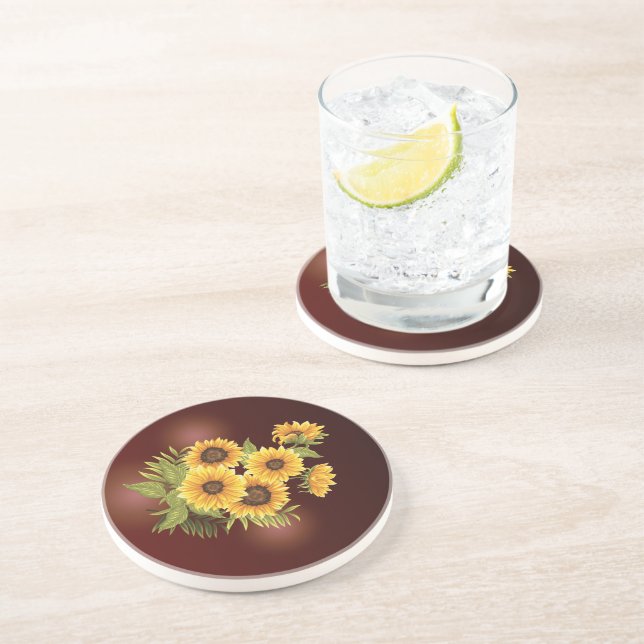Dessous De Verre En Grès Grandes Tournesols Peints Rustique Vintage grès (Côté)