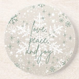 Dessous De Verre En Grès Green Beige Snowflakes Love Peace Joy Holiday