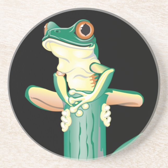 Dessous De Verre En Grès Grenouille verte souriante au bambou (Devant)