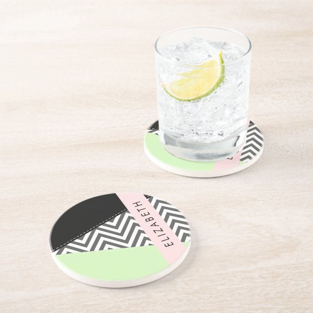 Dessous De Verre En Grès Grey Zigzag, Grey Chevron, Mint, Votre Nom (Côté)