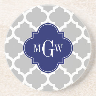Dessous De Verre En Grès Gris Blanc Marocain #5 Navy 3 Initial Monogramme