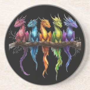 Dessous De Verre En Grès Groupe Arc-en-ciel de bébés dragons sur fond noir