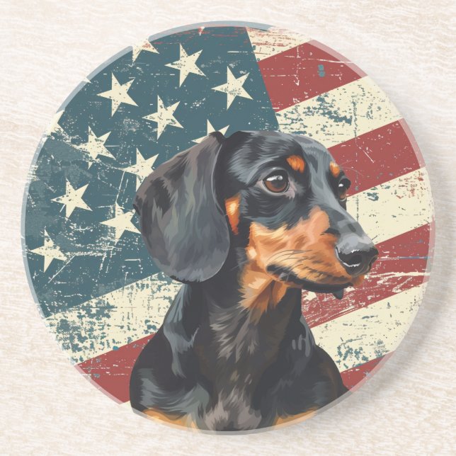 Dessous De Verre En Grès Grunge American Flag Dachshund Dog (Devant)