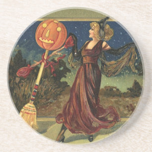 Dessous De Verre En Grès Halloween vintage, Belle Sorcière dansante