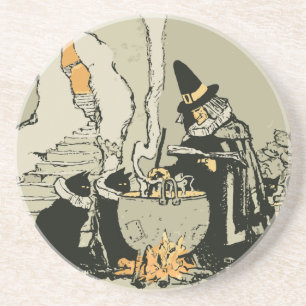 Dessous De Verre En Grès Halloween vintage, sorcière avec chaudron et chats