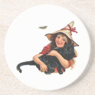 Dessous De Verre En Grès Halloween vintage, sorcière fille avec chat noir