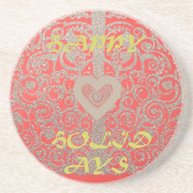 Dessous De Verre En Grès Happy Holidays Heart Red and Gold Collection (Devant)