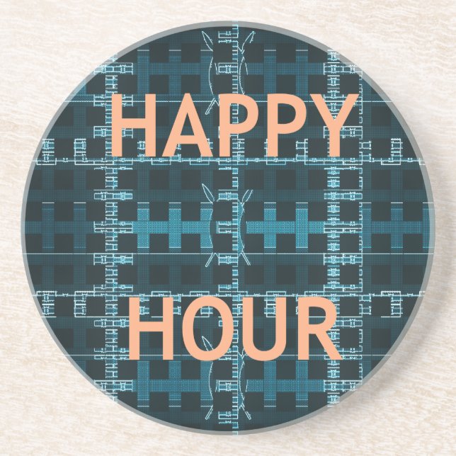 Dessous De Verre En Grès Happy Hour Texte bleu Vector Art Imprimer (Devant)
