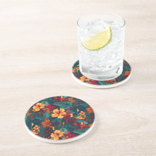 Dessous De Verre En Grès Hibiscus coloré, Jaune Orange Vert Floral