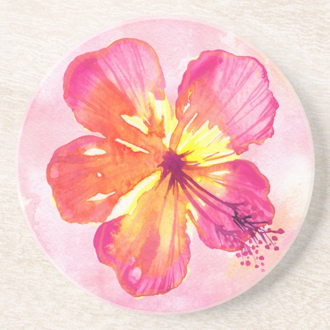 Dessous De Verre En Grès Hibiscus rose tropical sur aquarelle Abstraite (Devant)
