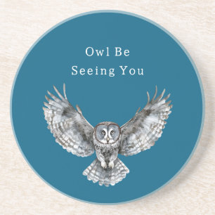 Dessous De Verre En Grès Hibou Blanc Bleu