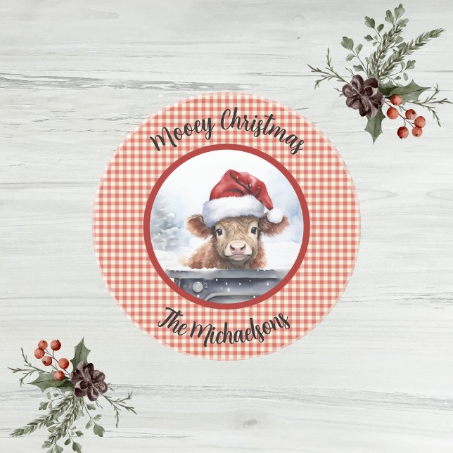 Dessous De Verre En Grès Highland Cow Red White Gingham Monogram Christmas (Créateur téléchargé)