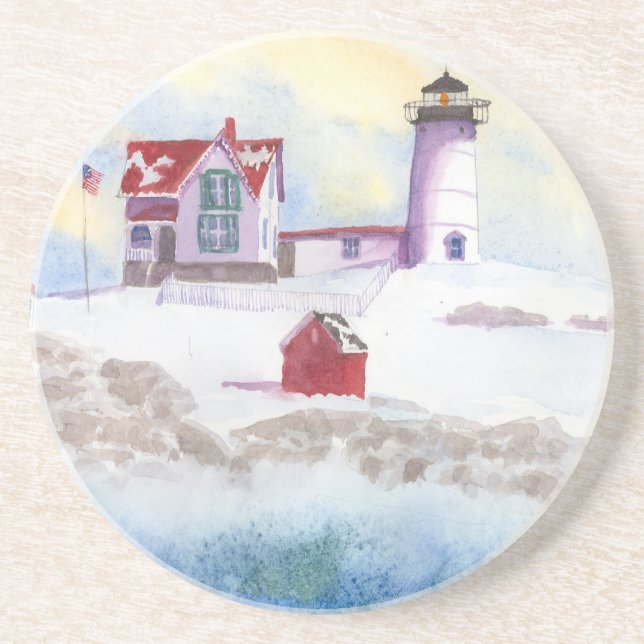 Dessous De Verre En Grès hiver à Nubble Lghthouse dans le Maine (Devant)