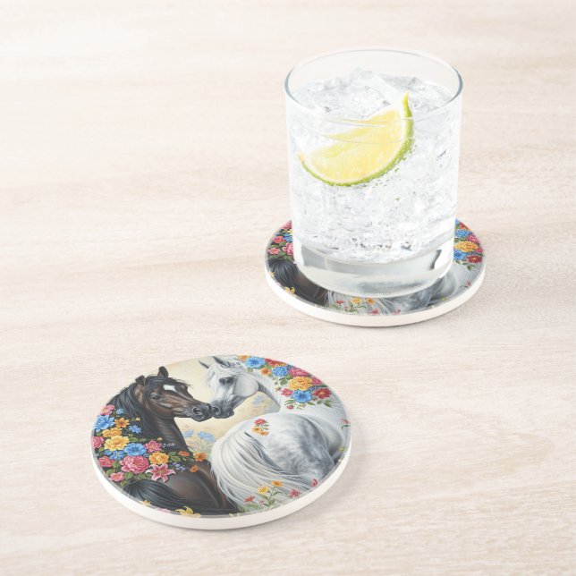 Dessous De Verre En Grès  Horses framed in flowers Coaster (Côté)