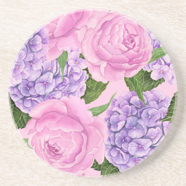 Dessous De Verre En Grès Hydrangea et motif de pivoine (Devant)