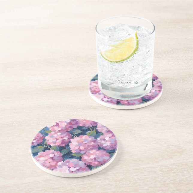 Dessous De Verre En Grès Hydrangeas Florales Rose Tendre (Côté)