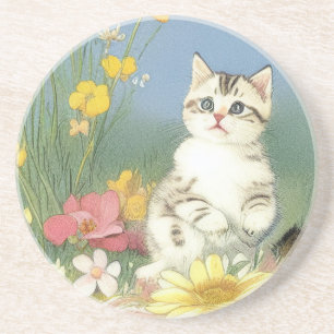 Dessous De Verre En Grès Illustration de Kitten vintage avec Fleurs Jaunes
