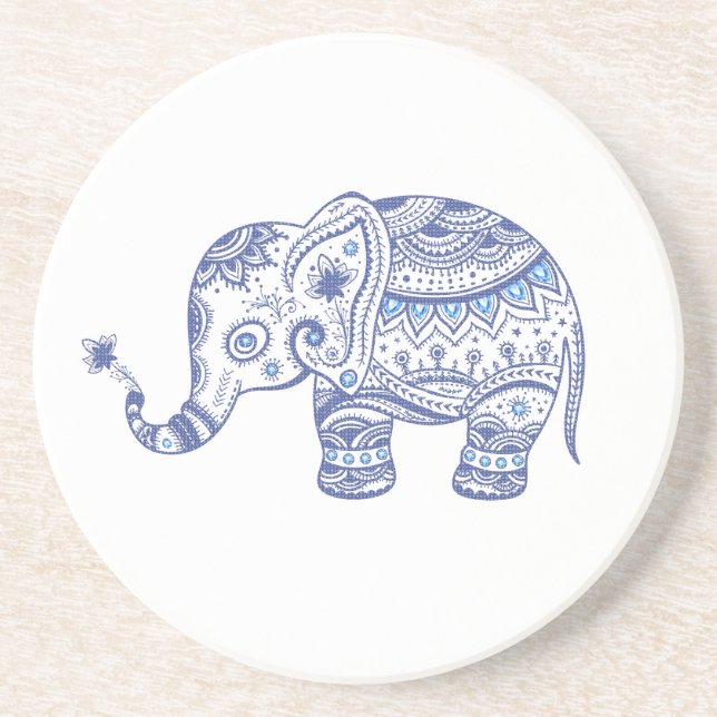 Dessous De Verre En Grès Illustration de l'éléphant floral bleu (Devant)