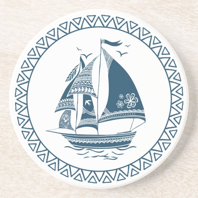 Dessous De Verre En Grès Illustration de voilier bleu marine (Devant)