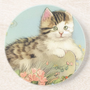 Dessous De Verre En Grès Illustration vintage de chat avec fleurs roses