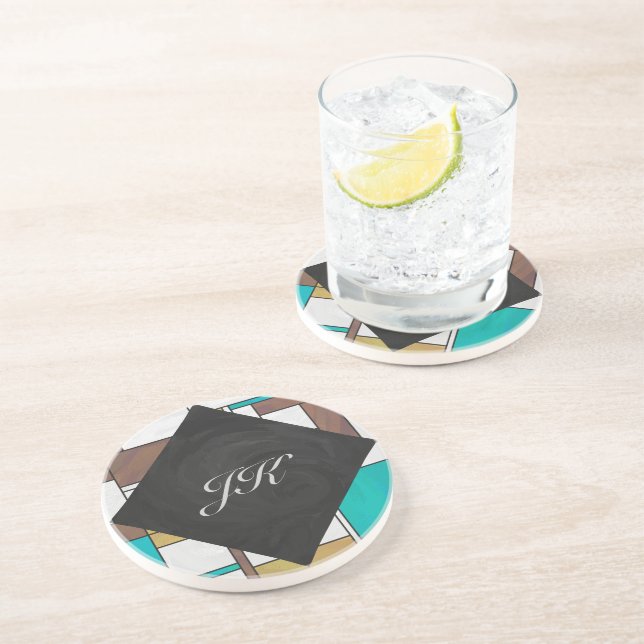 Dessous De Verre En Grès Impression Brown jaune Turquoise Mondrial (Côté)