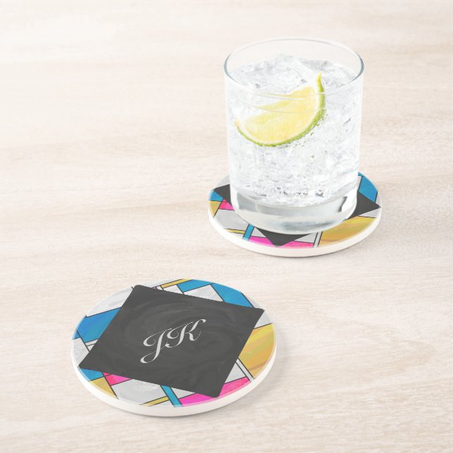 Dessous De Verre En Grès Impression Mondrial jaune rose (Côté)