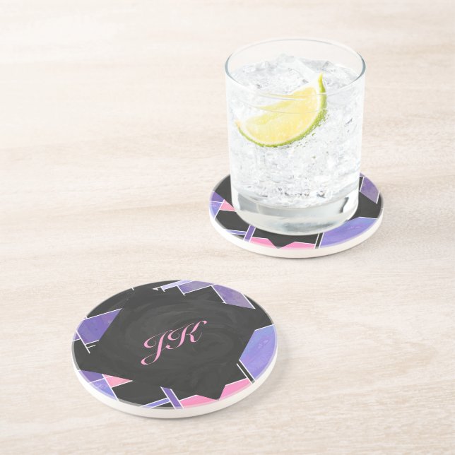 Dessous De Verre En Grès Impression noire violet mondriaque (Côté)