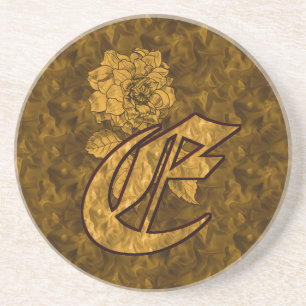 Dessous De Verre En Grès Initiale E en monogramme Fleur de pivoine dorée