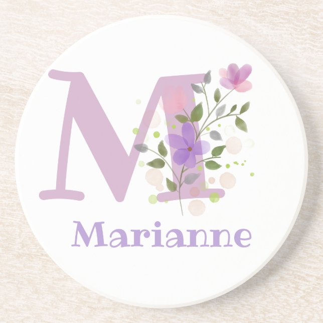 Dessous De Verre En Grès Initiale Plus Nom & Fleurs Design (Devant)