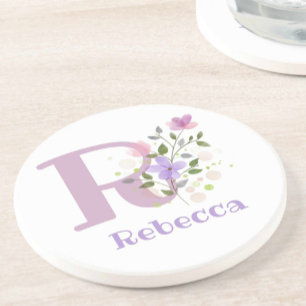 Dessous De Verre En Grès Initiale Plus Nom & Fleurs Design