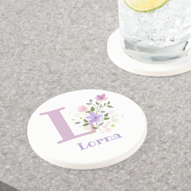 Dessous De Verre En Grès Initiale Plus Nom & Fleurs Design (Créateur téléchargé)