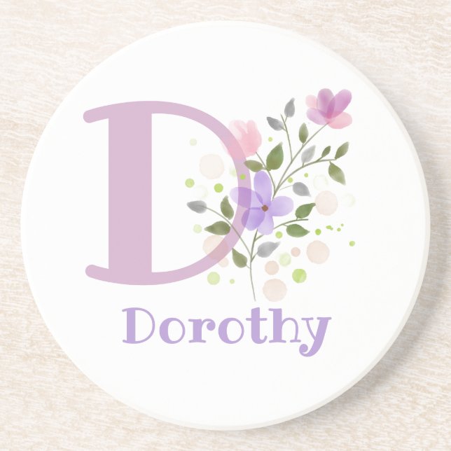 Dessous De Verre En Grès Initiale Plus Nom & Fleurs Design (Devant)